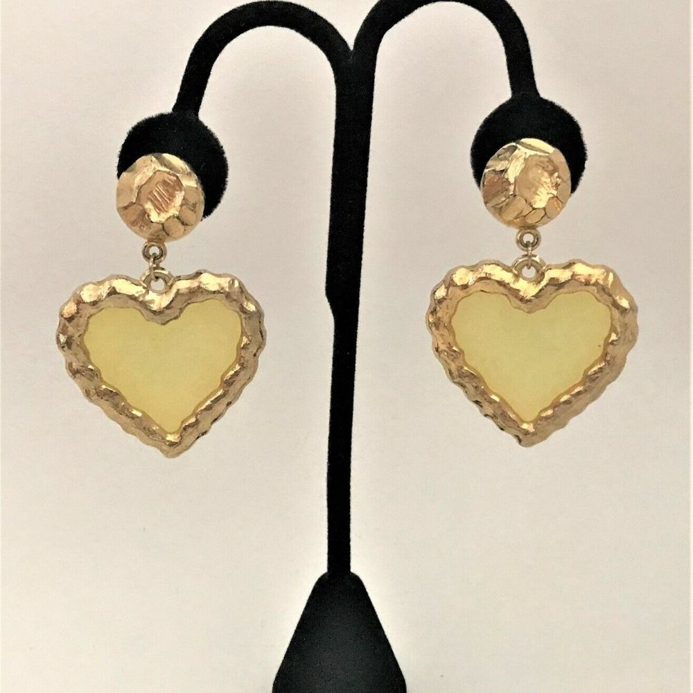 Vintage Yellow Clear Acrylic & Gold Plated Heart Dangling Clip On Earrings
